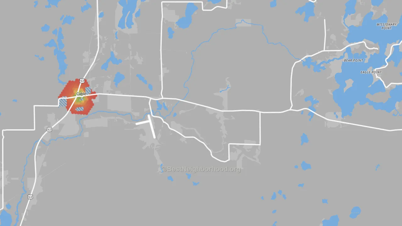 Walk Grade map of Cable, WI, walkable areas in green and car-dependent areas in red