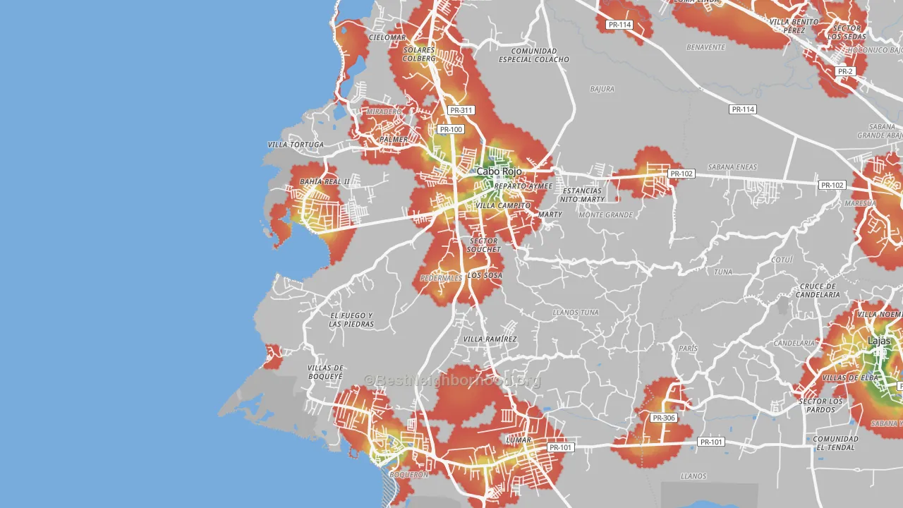 Walk Grade map of Cabo Rojo Municipio, PR, walkable areas in green and car-dependent areas in red