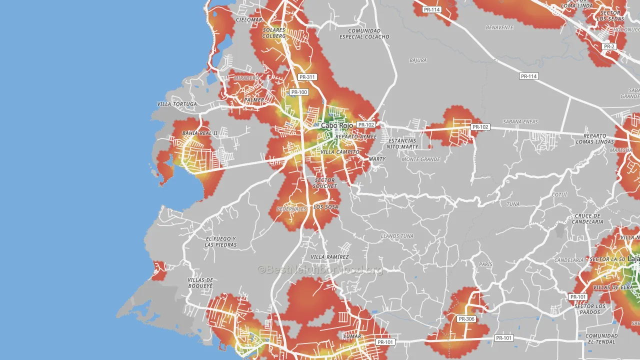 Walk Grade map of Cabo Rojo, PR, walkable areas in green and car-dependent areas in red