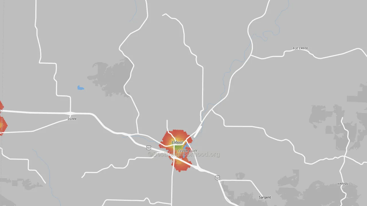 Walk Grade map of Cabool, MO, walkable areas in green and car-dependent areas in red