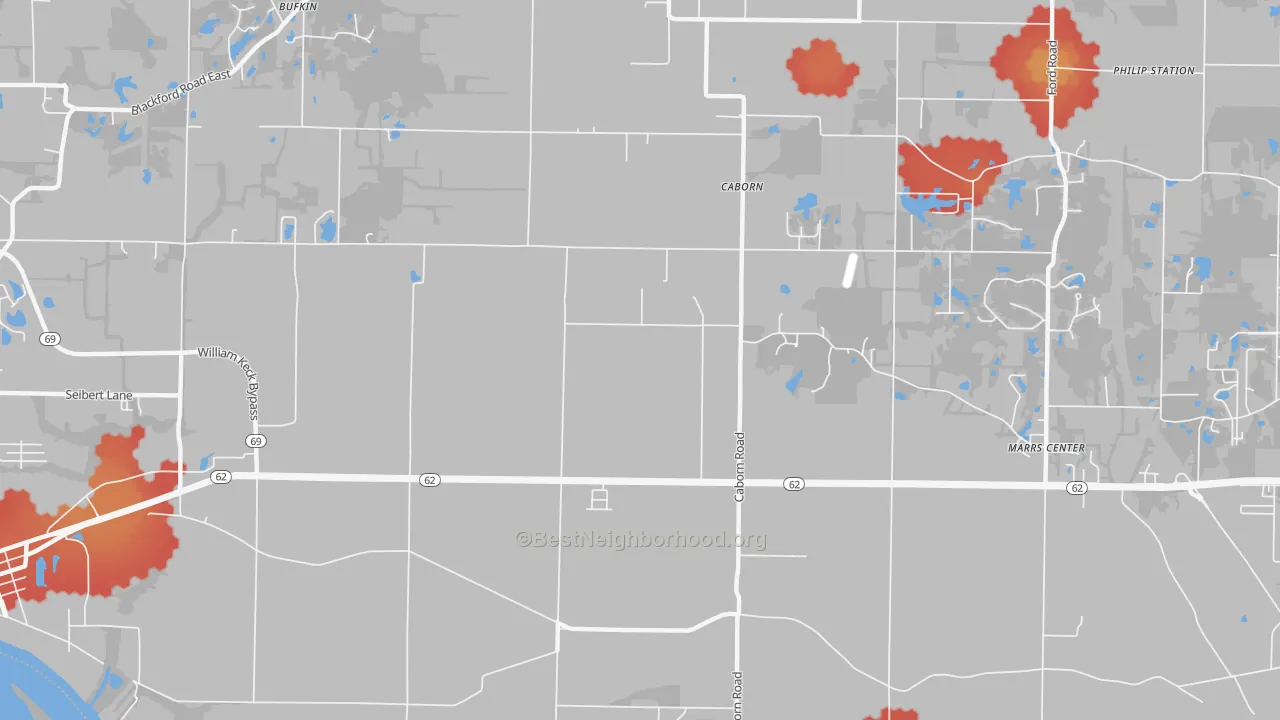 Walk Grade map of Caborn, IN, walkable areas in green and car-dependent areas in red