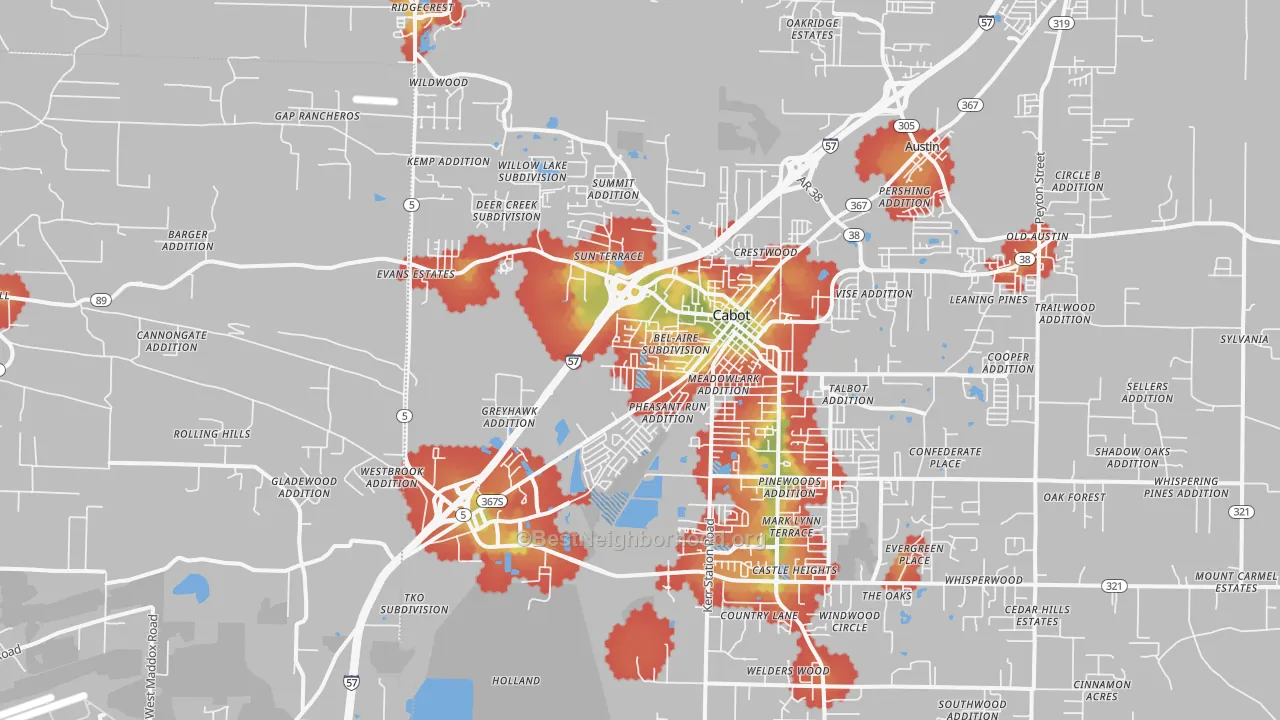Walk Grade map of Cabot, AR, walkable areas in green and car-dependent areas in red