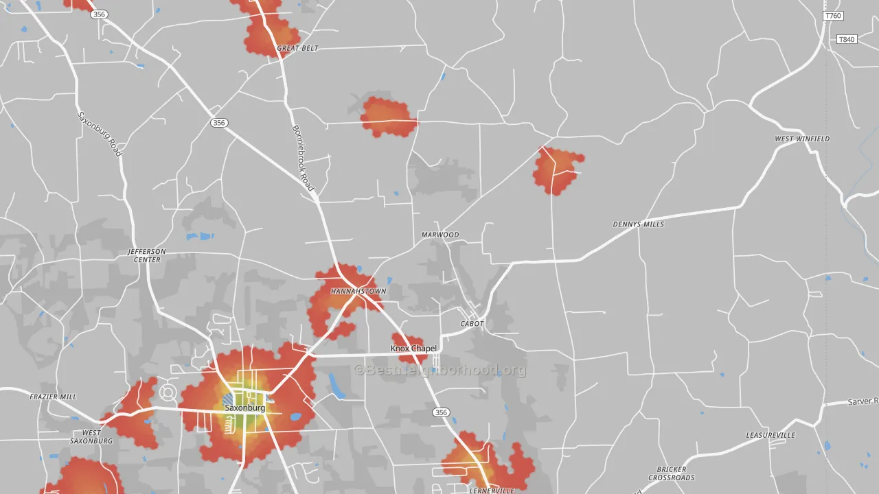 Walk Grade map of Cabot, PA, walkable areas in green and car-dependent areas in red