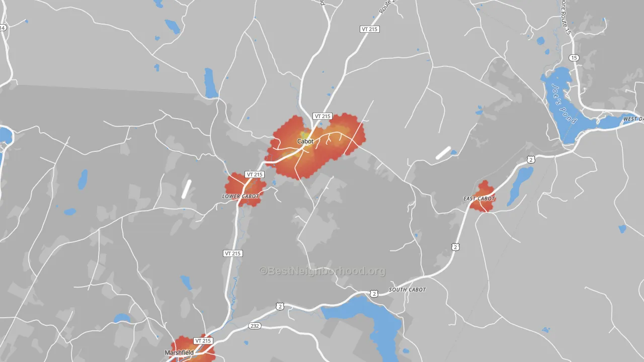 Walk Grade map of Cabot, VT, walkable areas in green and car-dependent areas in red