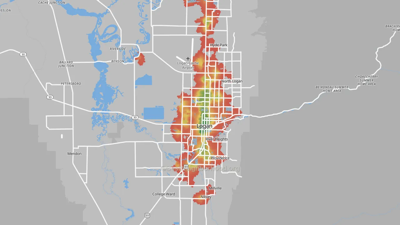 Walk Grade map of Cache County, UT, walkable areas in green and car-dependent areas in red