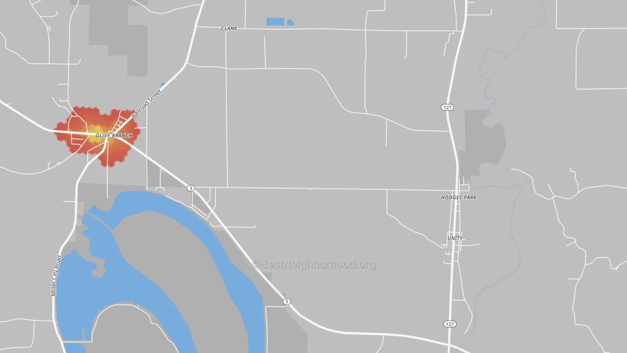 Walk Grade map of Cache, IL, walkable areas in green and car-dependent areas in red