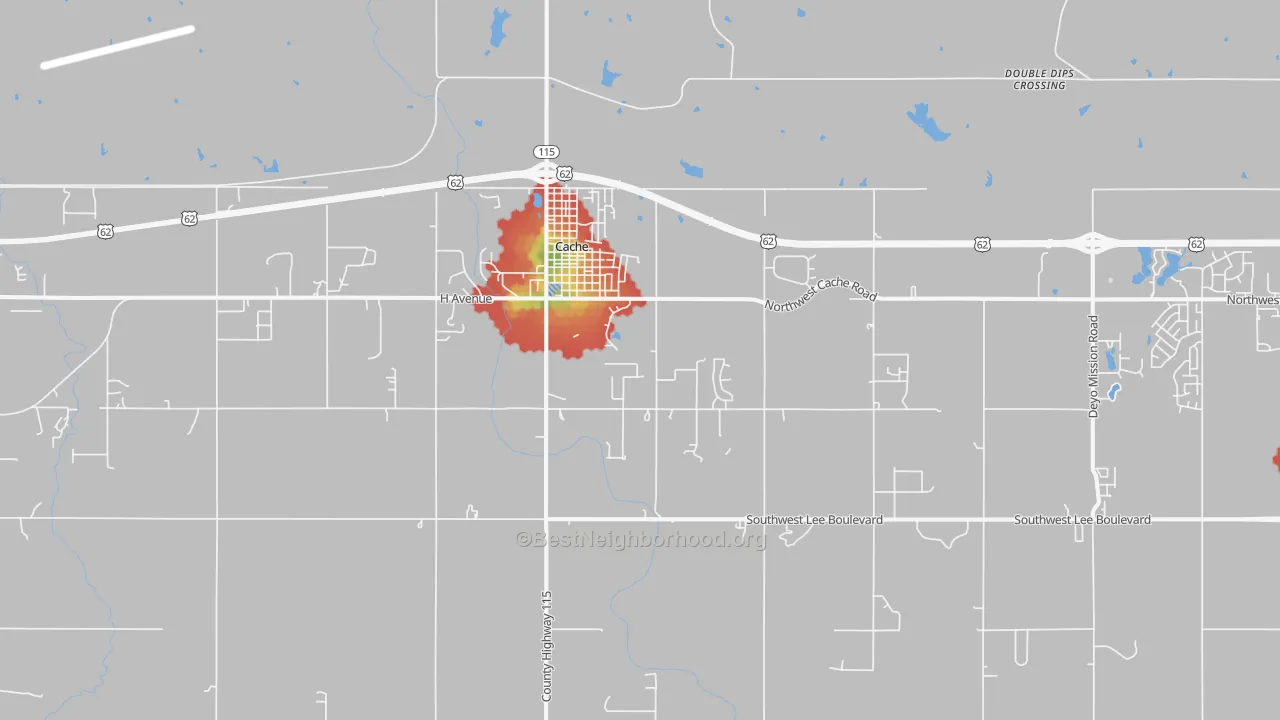 Walk Grade map of Cache, OK, walkable areas in green and car-dependent areas in red