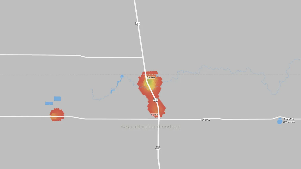 Walk Grade map of Cactus, TX, walkable areas in green and car-dependent areas in red