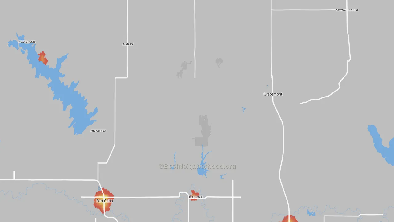 Walk Grade map of Caddo County, OK, walkable areas in green and car-dependent areas in red
