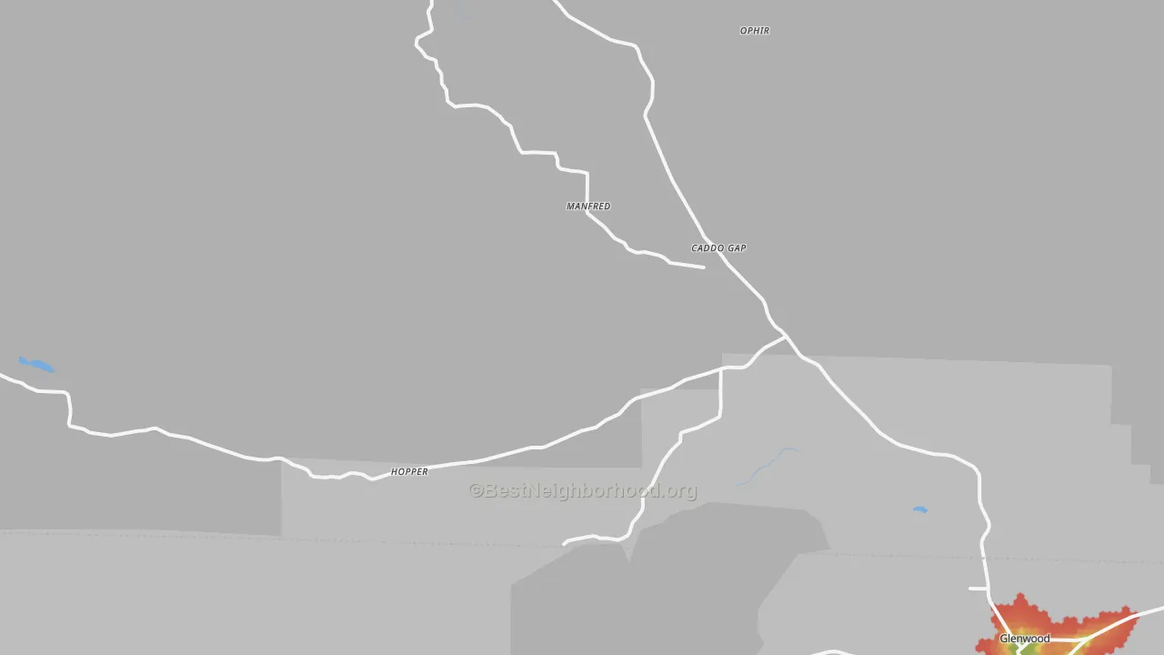 Walk Grade map of Caddo Gap, AR, walkable areas in green and car-dependent areas in red
