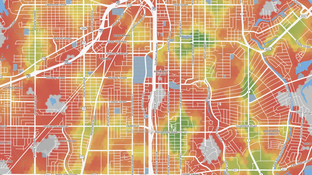 Walk Grade map of Caddo Heights-South Highlands, Shreveport, LA, walkable areas in green and car-dependent areas in red