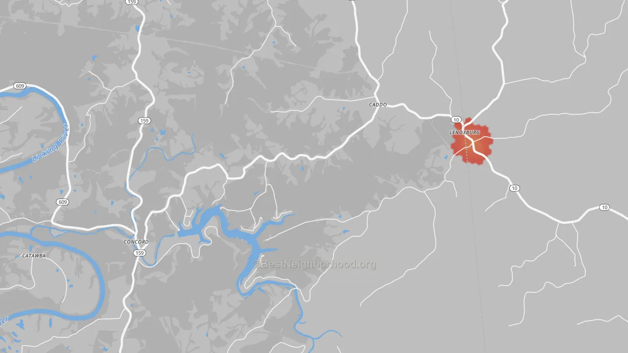 Walk Grade map of Caddo, KY, walkable areas in green and car-dependent areas in red