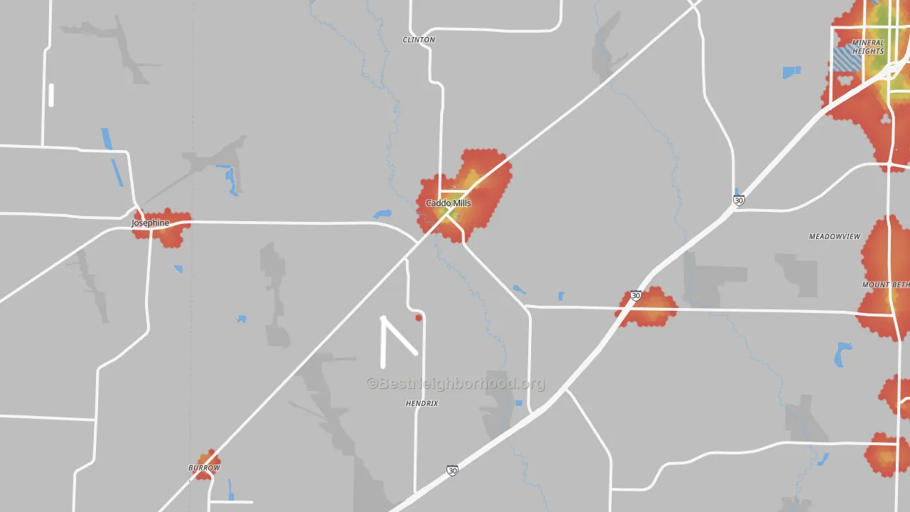 Walk Grade map of Caddo Mills, TX, walkable areas in green and car-dependent areas in red