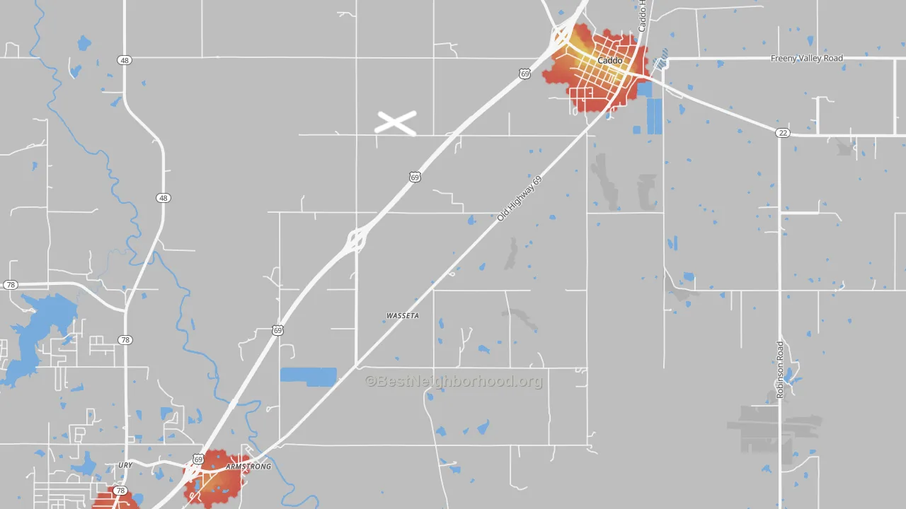 Walk Grade map of Caddo, OK, walkable areas in green and car-dependent areas in red