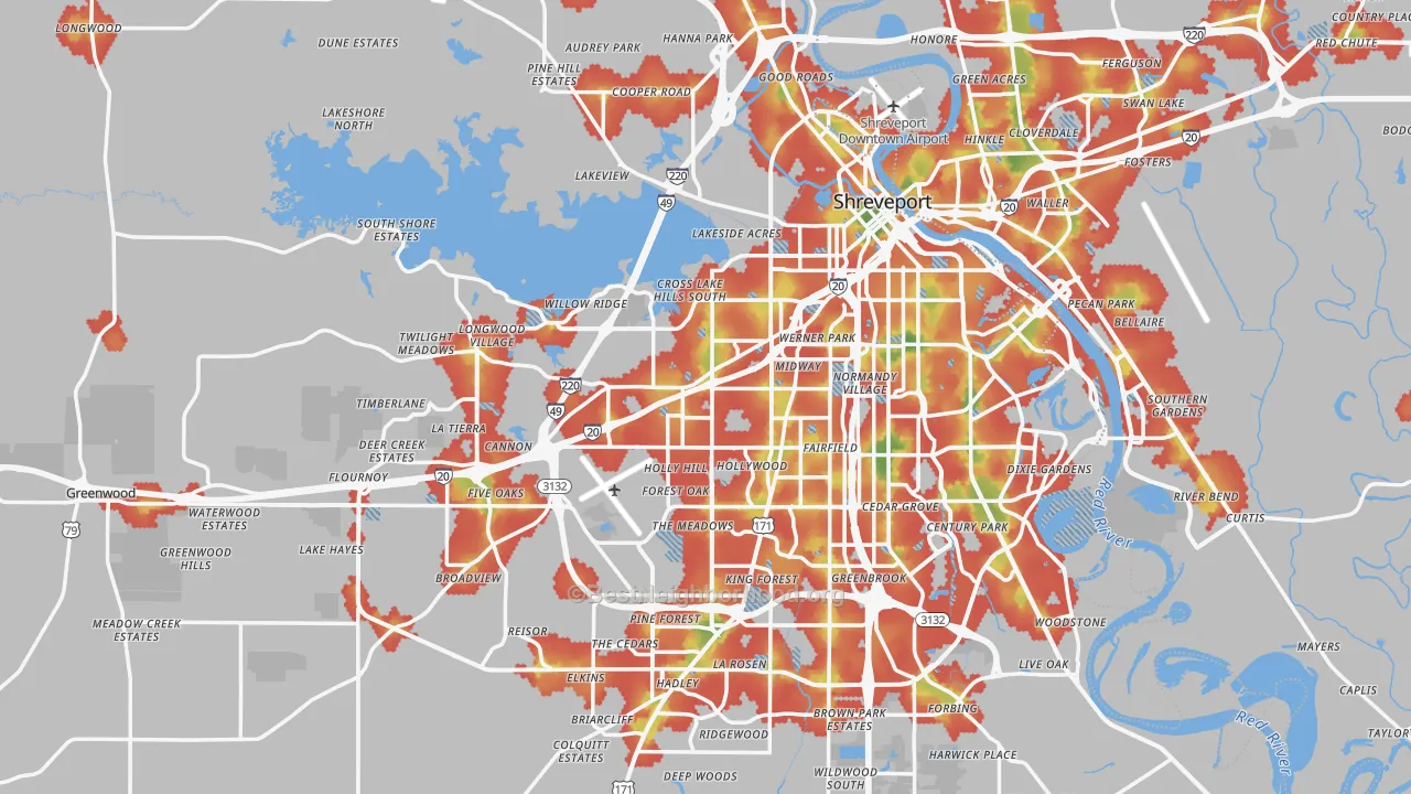 Walk Grade map of Caddo Parish, LA, walkable areas in green and car-dependent areas in red