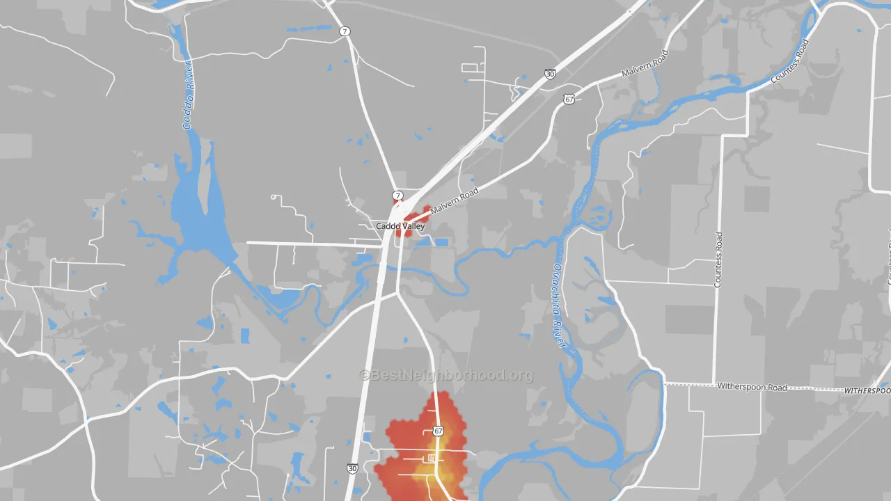 Walk Grade map of Caddo Valley, AR, walkable areas in green and car-dependent areas in red
