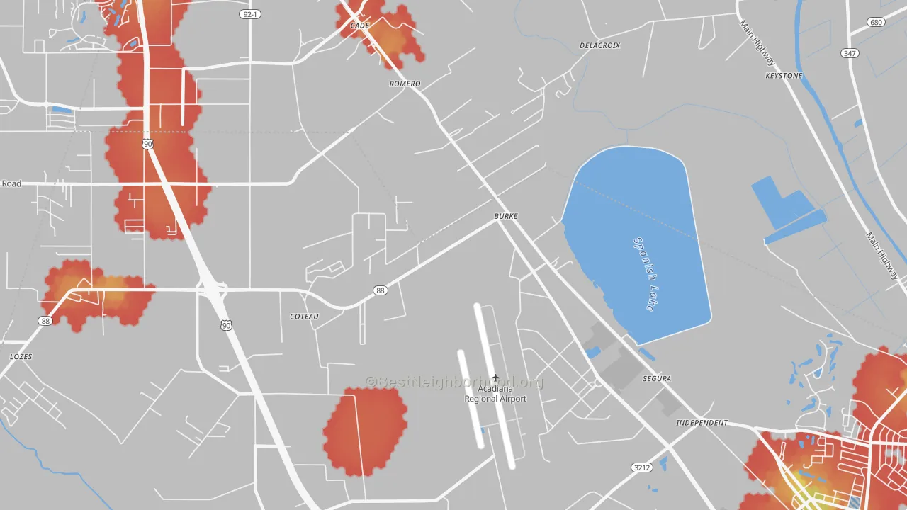 Walk Grade map of Cade, LA, walkable areas in green and car-dependent areas in red
