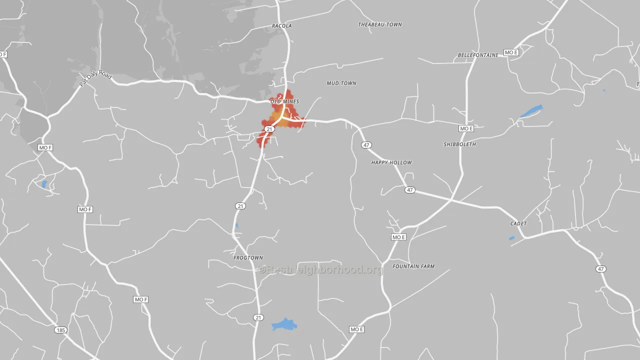 Walk Grade map of Cadet, MO, walkable areas in green and car-dependent areas in red