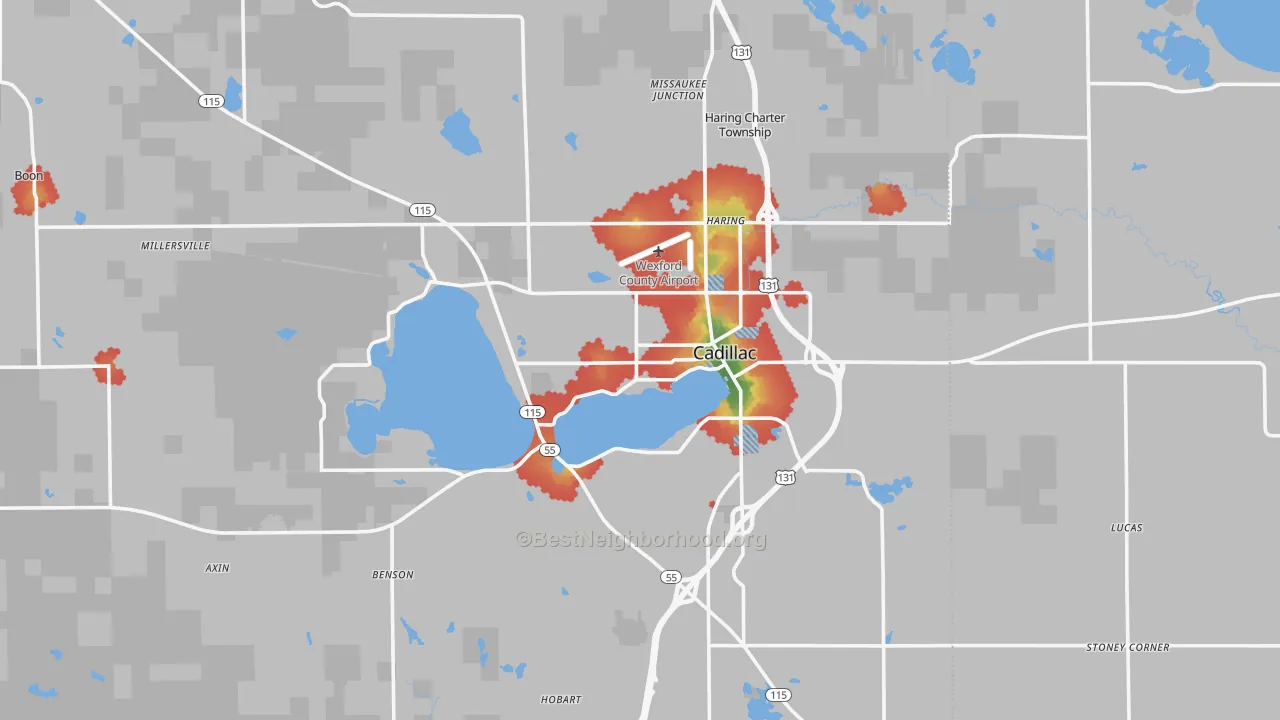 Walk Grade map of Cadillac, MI, walkable areas in green and car-dependent areas in red