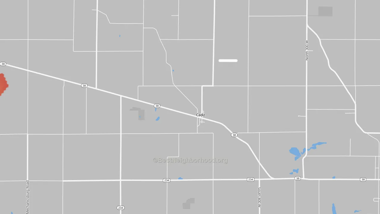 Walk Grade map of Cadiz, IN, walkable areas in green and car-dependent areas in red