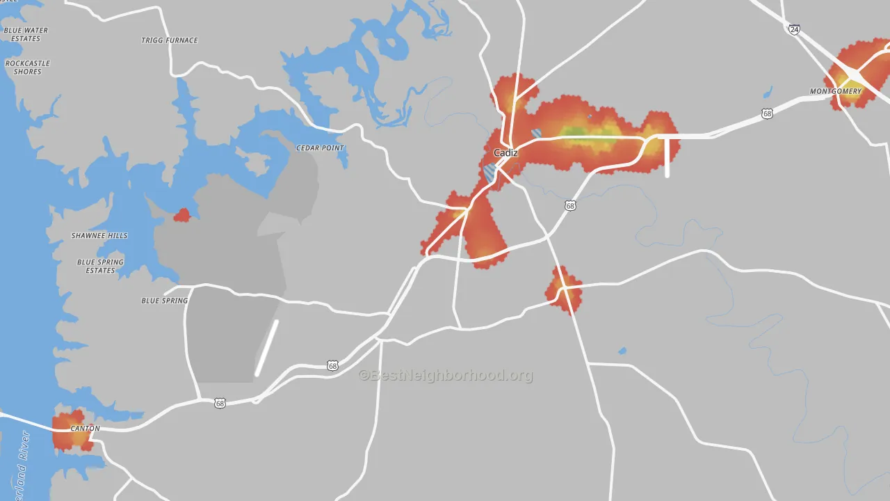 Walk Grade map of Cadiz, KY, walkable areas in green and car-dependent areas in red