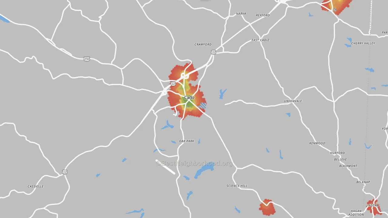 Walk Grade map of Cadiz, OH, walkable areas in green and car-dependent areas in red