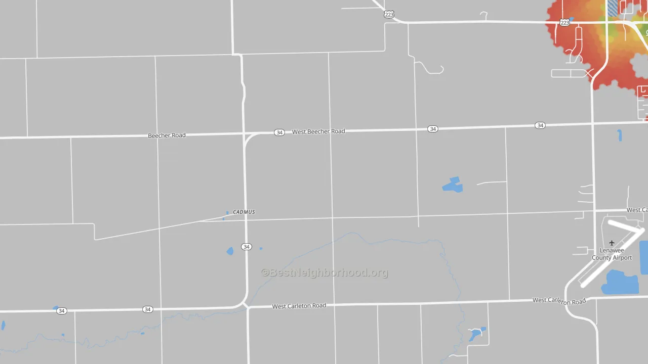 Walk Grade map of Cadmus, MI, walkable areas in green and car-dependent areas in red