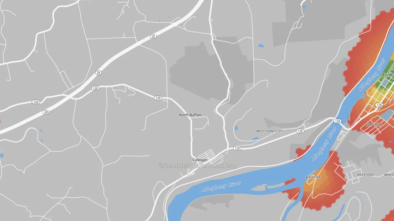Walk Grade map of Cadogan, PA, walkable areas in green and car-dependent areas in red