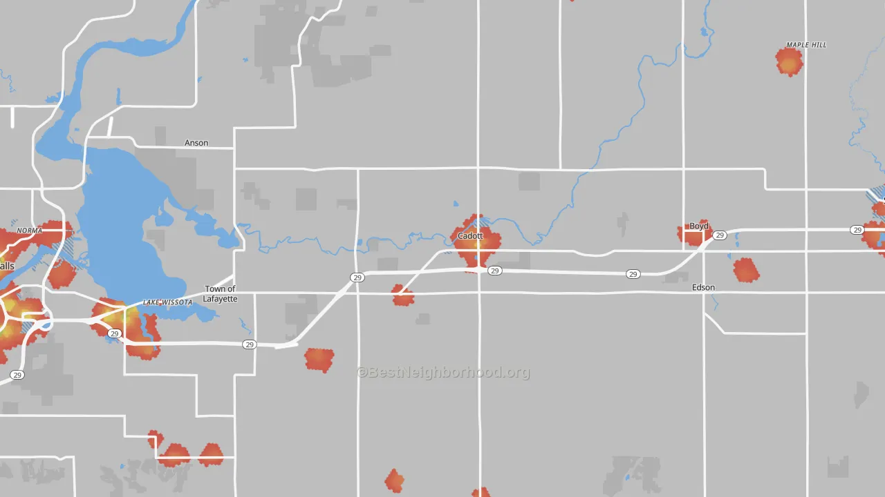 Walk Grade map of Cadott, WI, walkable areas in green and car-dependent areas in red