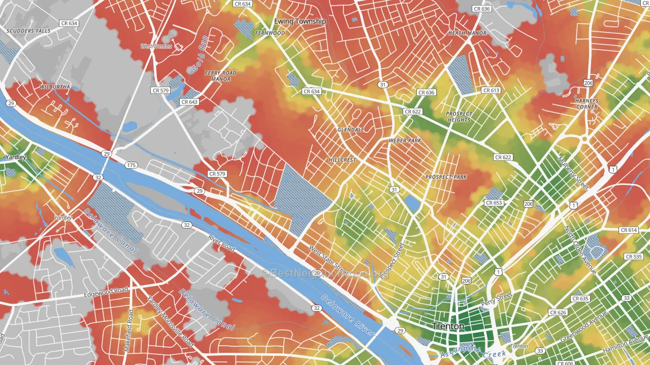 Walk Grade map of Cadwalader-Hillcrest, Trenton, NJ, walkable areas in green and car-dependent areas in red