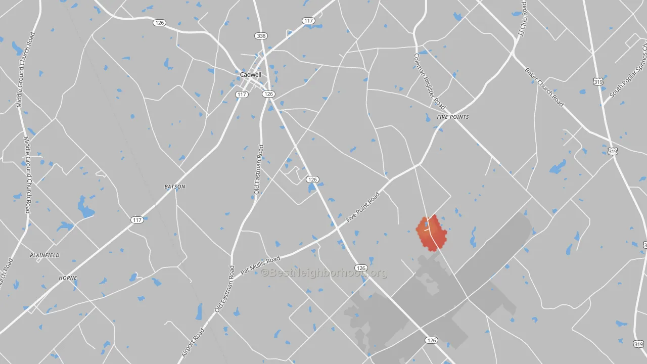 Walk Grade map of Cadwell, GA, walkable areas in green and car-dependent areas in red