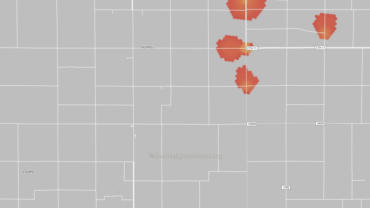 Walk Grade map of Cadwell, IL, walkable areas in green and car-dependent areas in red
