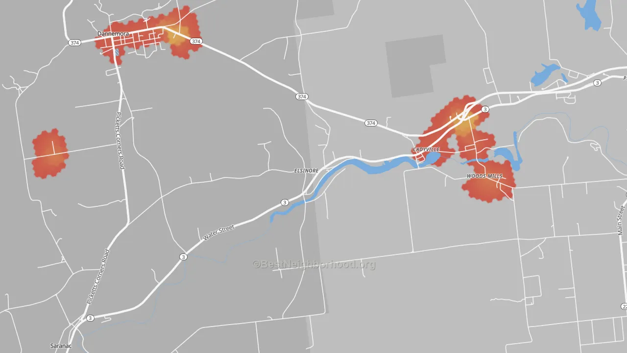 Walk Grade map of Cadyville, NY, walkable areas in green and car-dependent areas in red