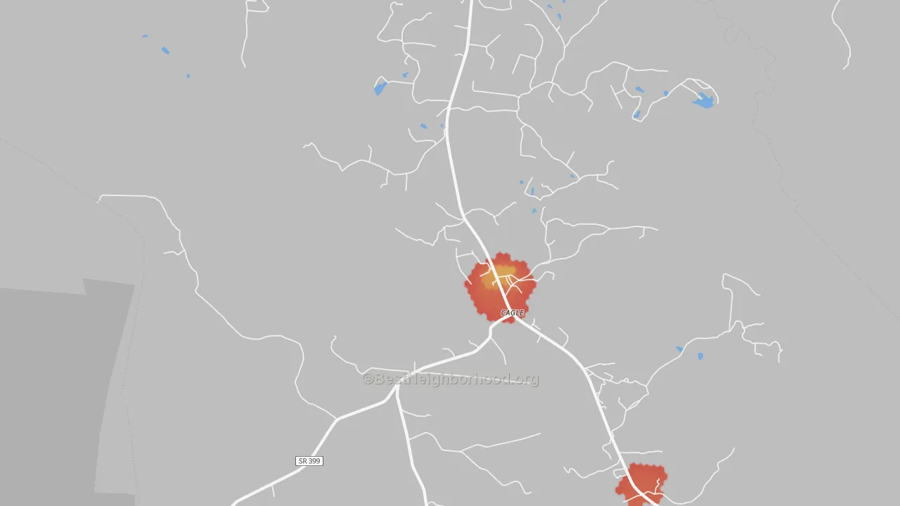 Walk Grade map of Cagle, TN, walkable areas in green and car-dependent areas in red