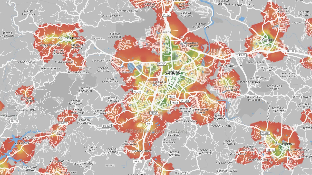 Walk Grade map of Caguas Municipio, PR, walkable areas in green and car-dependent areas in red