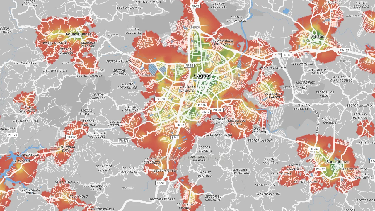 Walk Grade map of Caguas, PR, walkable areas in green and car-dependent areas in red