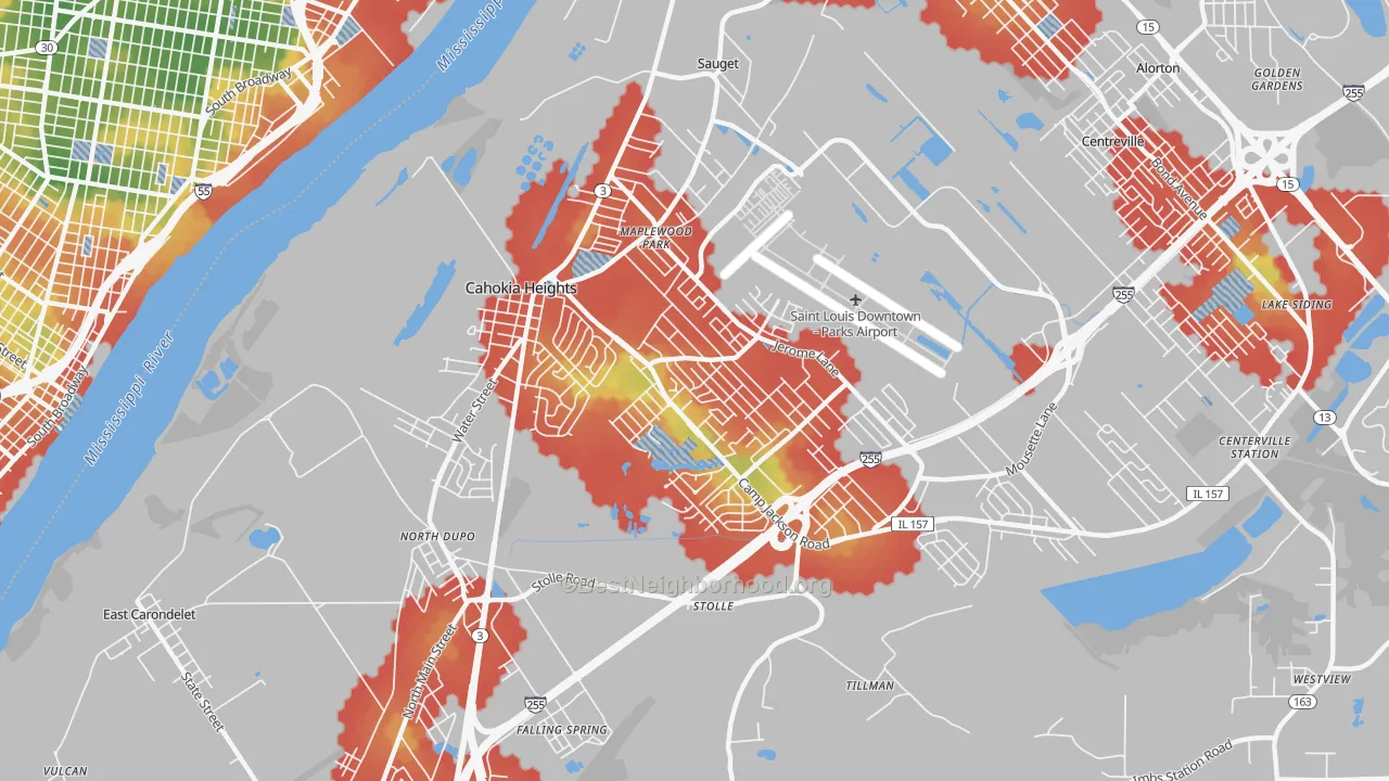 Walk Grade map of Cahokia, IL, walkable areas in green and car-dependent areas in red