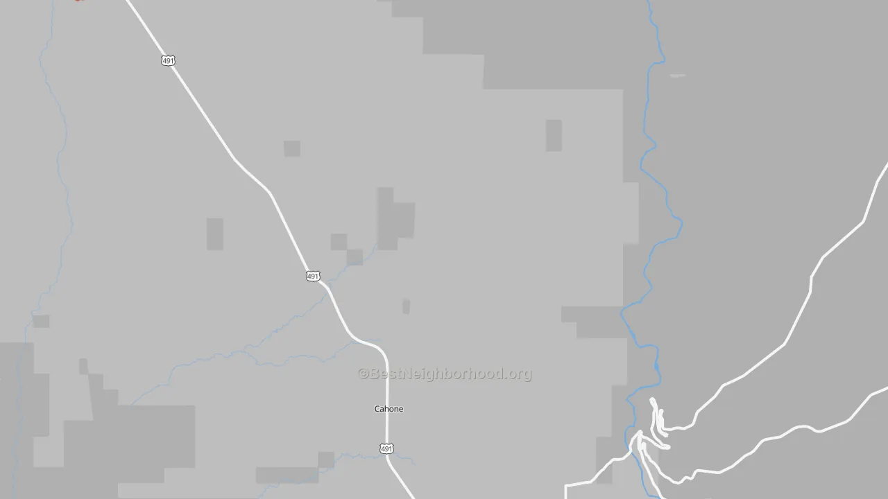 Walk Grade map of Cahone, CO, walkable areas in green and car-dependent areas in red