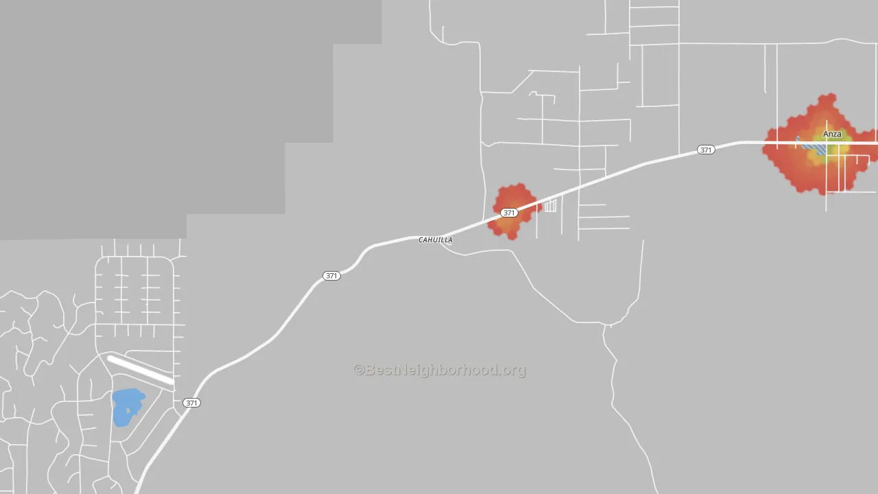 Walk Grade map of Cahuilla, CA, walkable areas in green and car-dependent areas in red