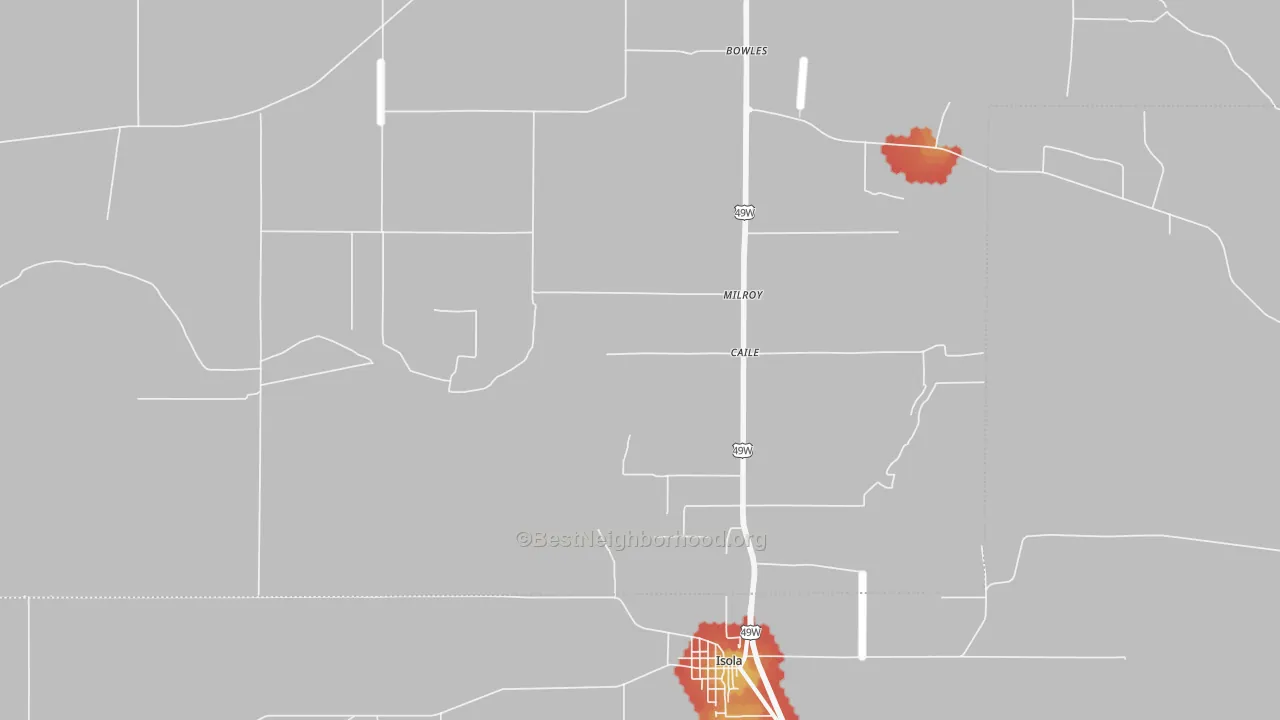Walk Grade map of Caile, MS, walkable areas in green and car-dependent areas in red