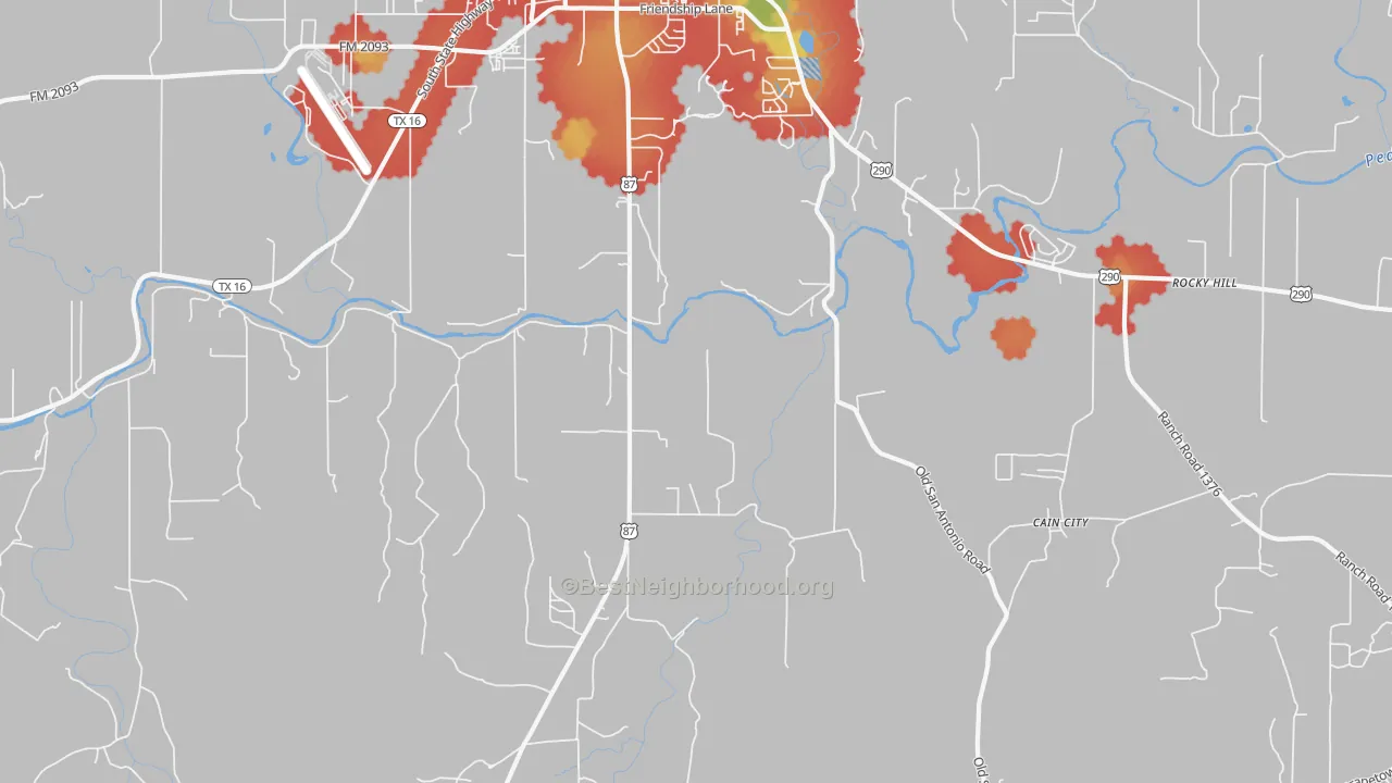 Walk Grade map of Cain City, TX, walkable areas in green and car-dependent areas in red
