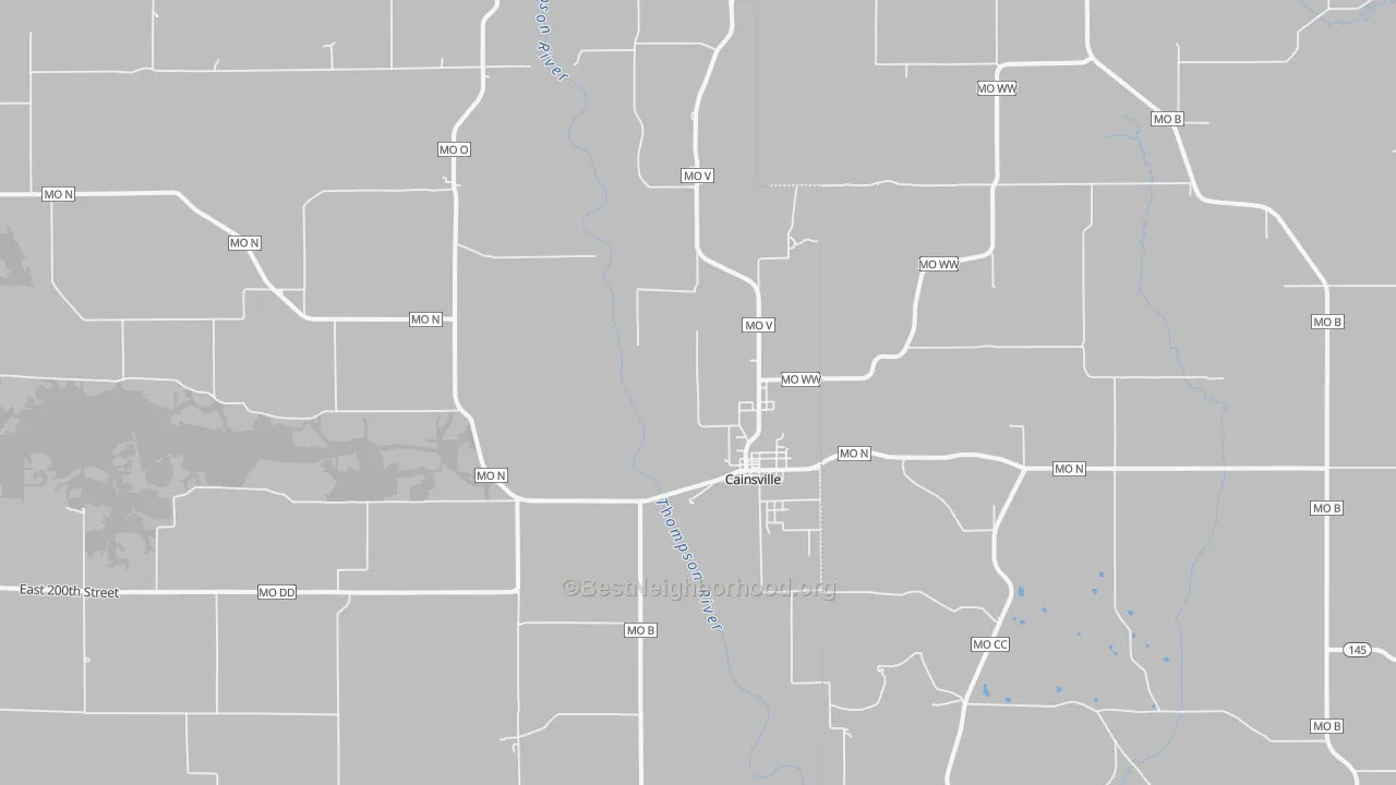Walk Grade map of Cainsville, MO, walkable areas in green and car-dependent areas in red