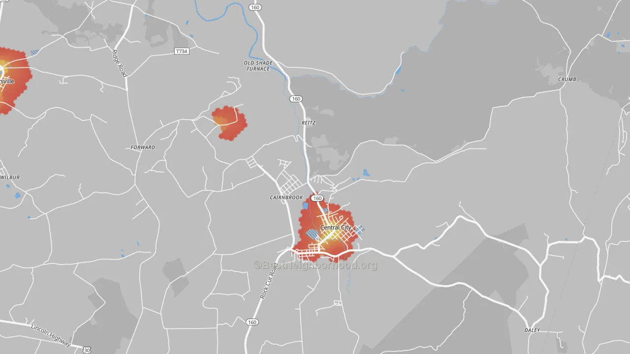 Walk Grade map of Cairnbrook, PA, walkable areas in green and car-dependent areas in red