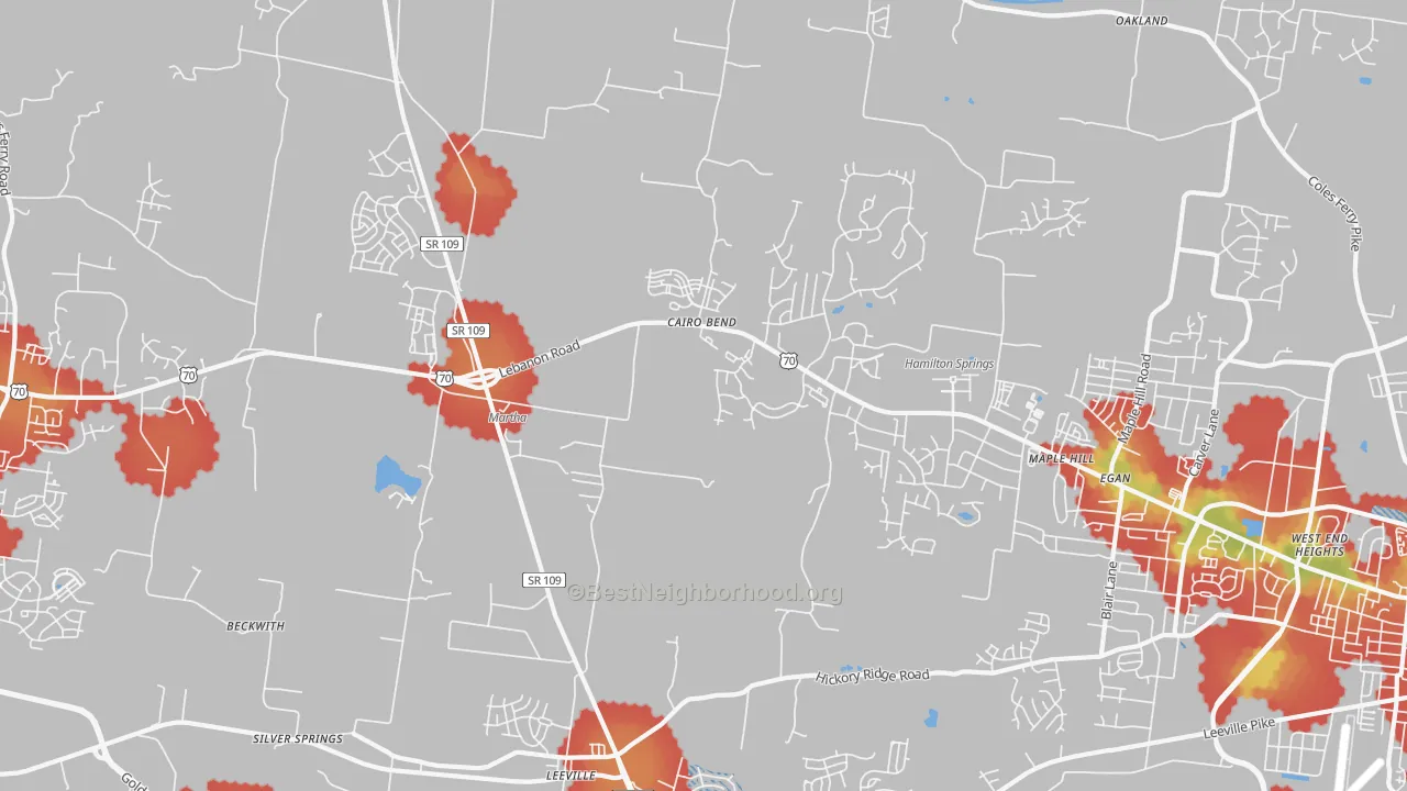 Walk Grade map of Cairo Bend, TN, walkable areas in green and car-dependent areas in red