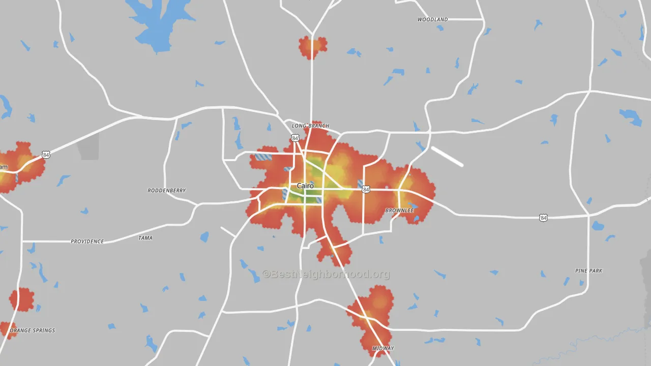 Walk Grade map of Cairo, GA, walkable areas in green and car-dependent areas in red
