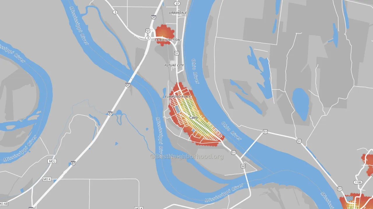 Walk Grade map of Cairo, IL, walkable areas in green and car-dependent areas in red