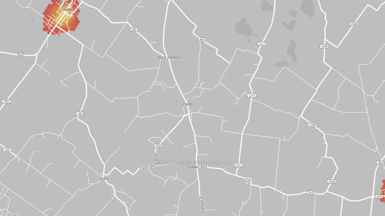 Walk Grade map of Cairo, KY, walkable areas in green and car-dependent areas in red