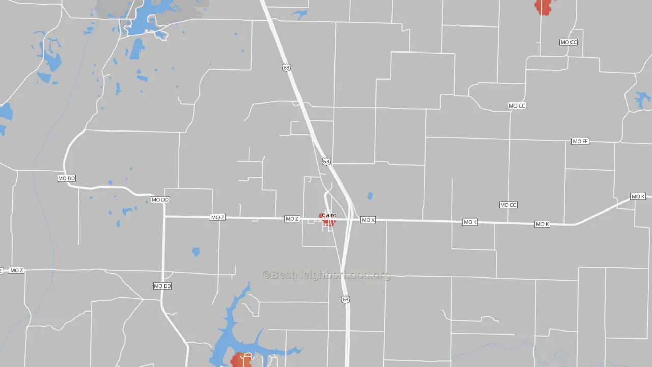 Walk Grade map of Cairo, MO, walkable areas in green and car-dependent areas in red