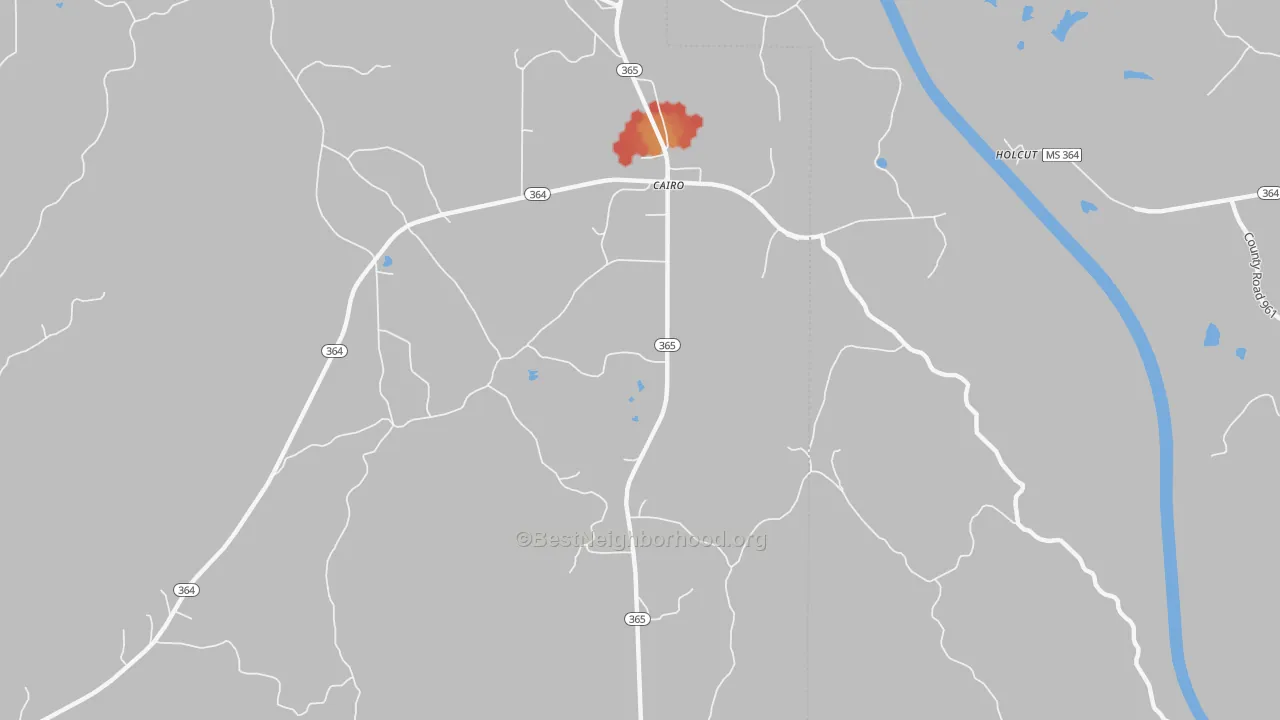 Walk Grade map of Cairo, MS, walkable areas in green and car-dependent areas in red
