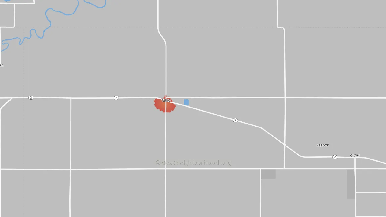 Walk Grade map of Cairo, NE, walkable areas in green and car-dependent areas in red